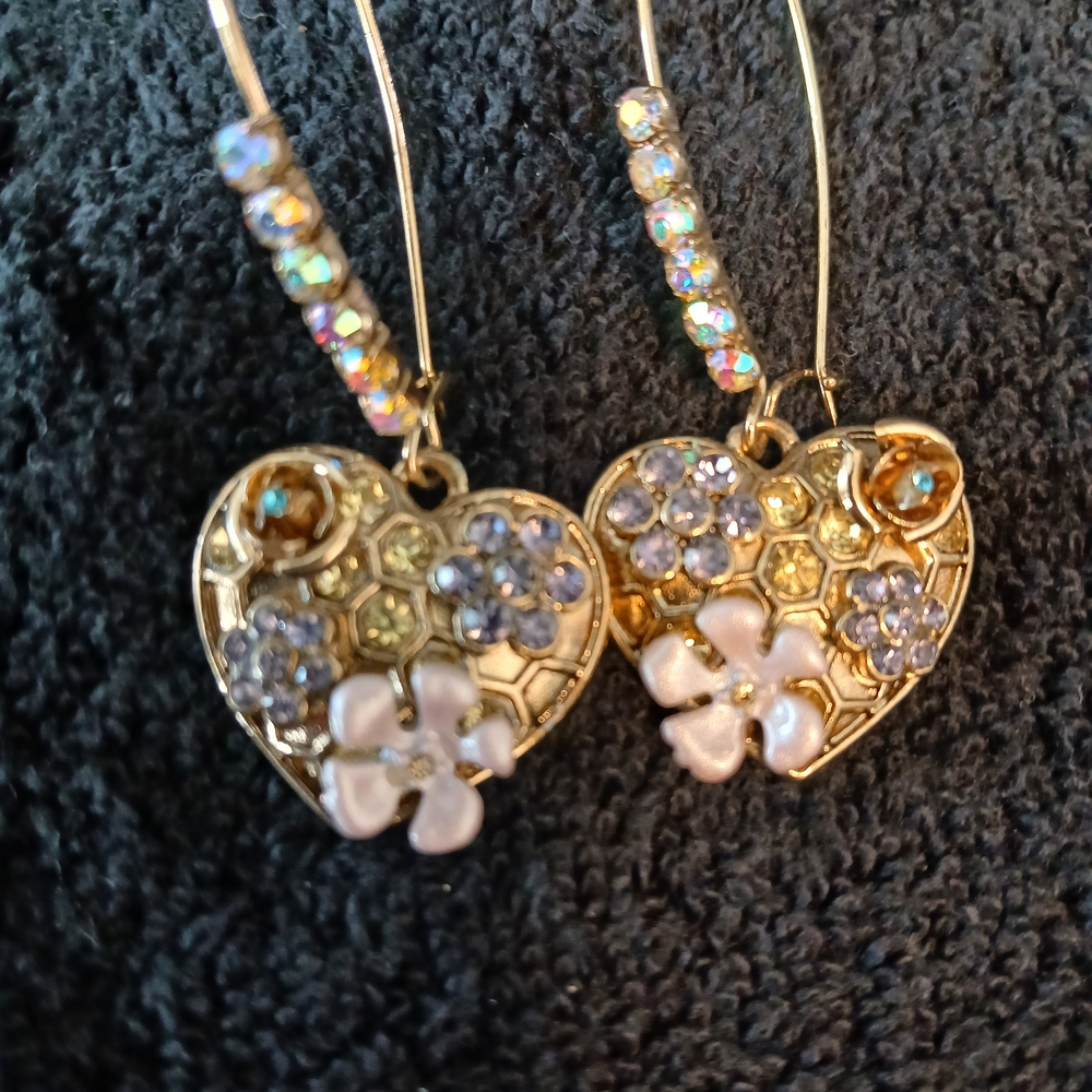 Betsey Johnson Gold Heart Earrings with Floral Design